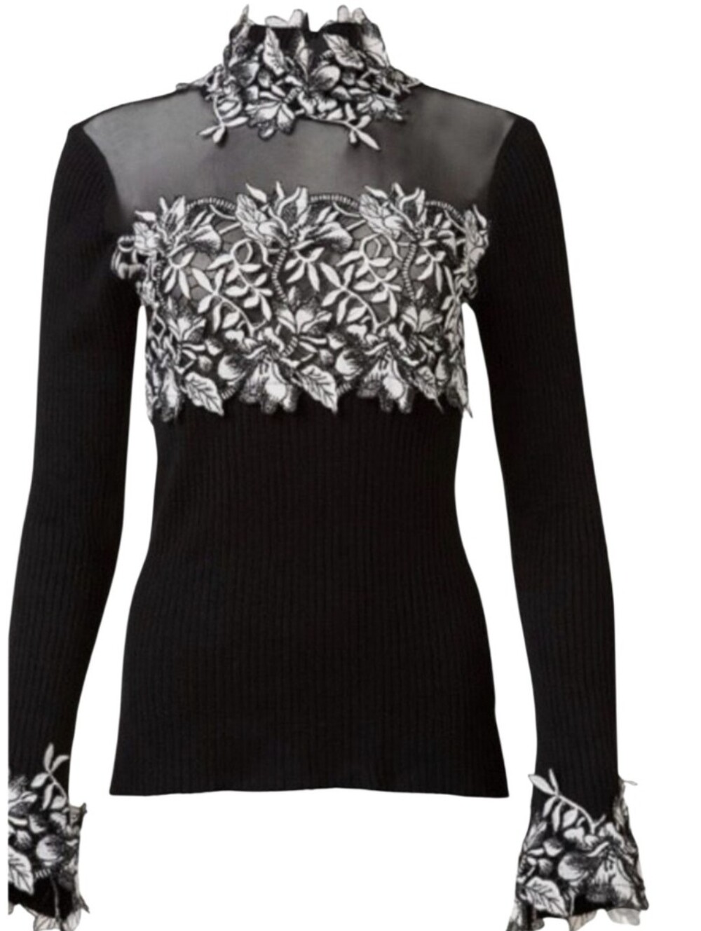 VENUS‎ Black and White Mock Neck Sheer Illusion Leaf Sweater Size XL